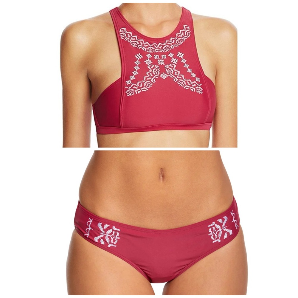 MINK PINK "MANDALA" BERRY EMBROIDERED HI NECK HALTER BOHO FESTIVAL TOP BIKINI M